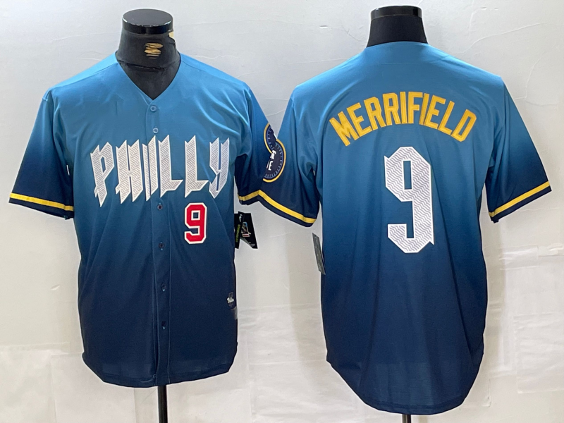 Custom #9 Blue City Connect PHI Baseball Shirt Top